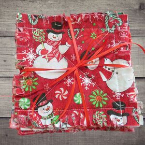 Rag Quilt Coasters, Set of 4, Reversible Christmas Snowmen and Penguin Mug Rugs